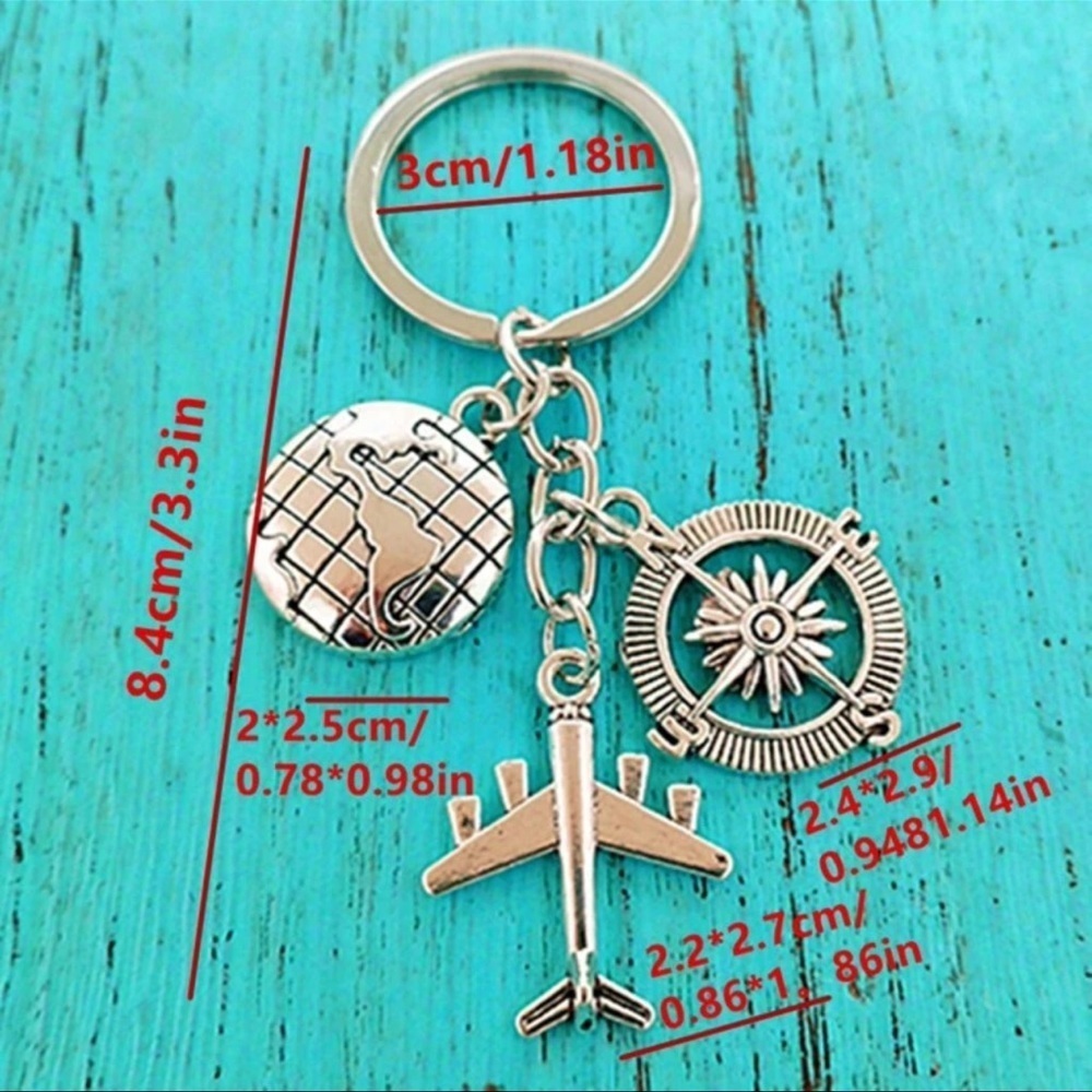 Plane Charm Keychain Silver Plated Compass Gift Globe Travel Airplane Aircraft - Picture 3 of 6